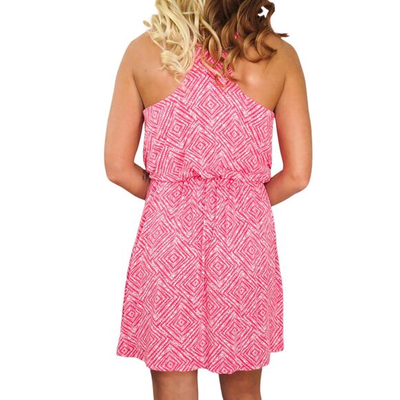 Guess Pink Peach Geometric Pattern Surplice Mini Dress Small Barbiecore - Picture 3 of 7